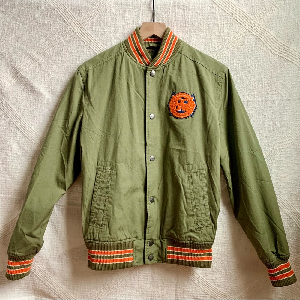Rock Board Bomber Jacket 100% Cotton Military Olive Green Orange Stripe Knit M